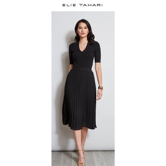 Ellie by Tahari Faux Leather Pleated Midi Skirt NWT Large Elastic Waist - Picture 2 of 8